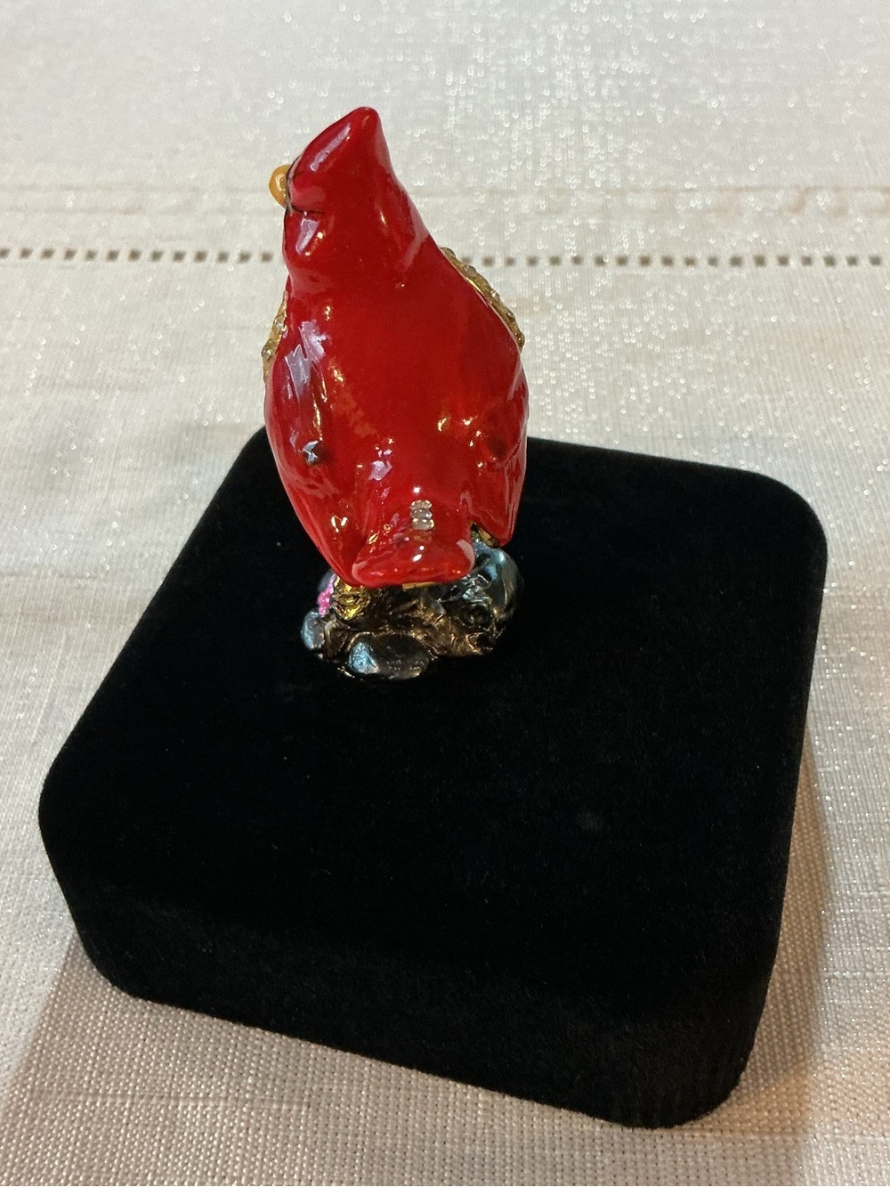 Red Cardinal Figural Enameled Gold Tone Hinged Trinket Box - Picture 3 of 7